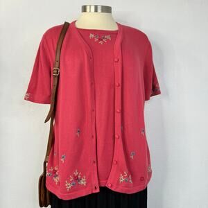 Vintage Coral Faux Short Sleeve Cardigan Sweater Plus Cottagecore Flowers 1X